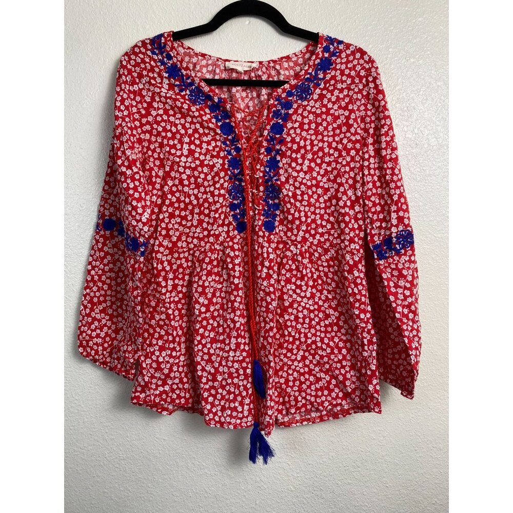 Solitaire Vibrant Red Blouse with Blue Floral Details